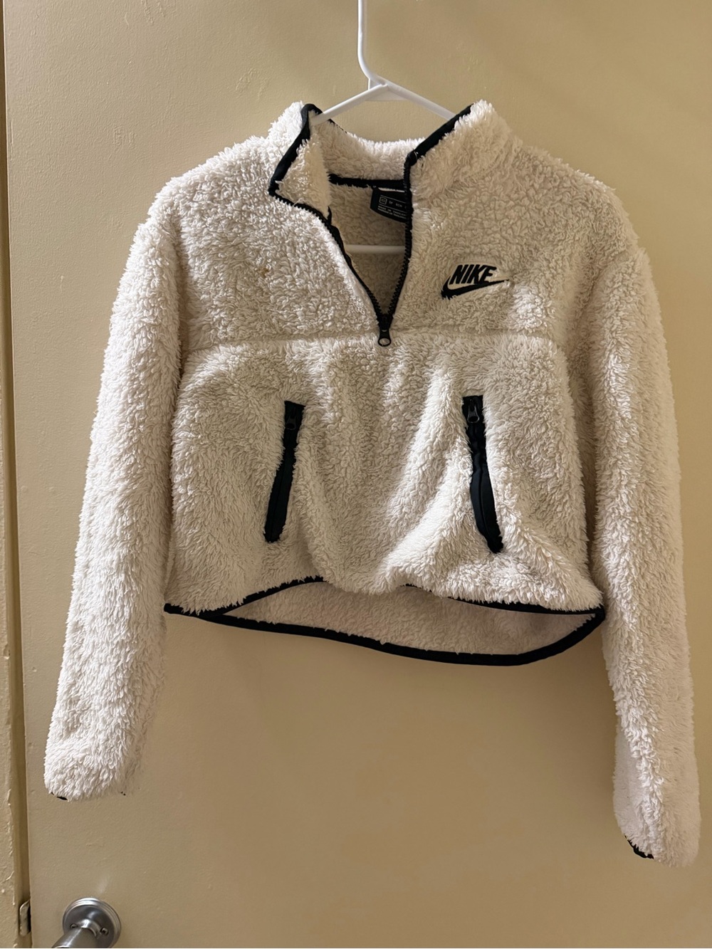 Nike Cream Sherpa Half-Zip Teddy Jacket with Black Trim